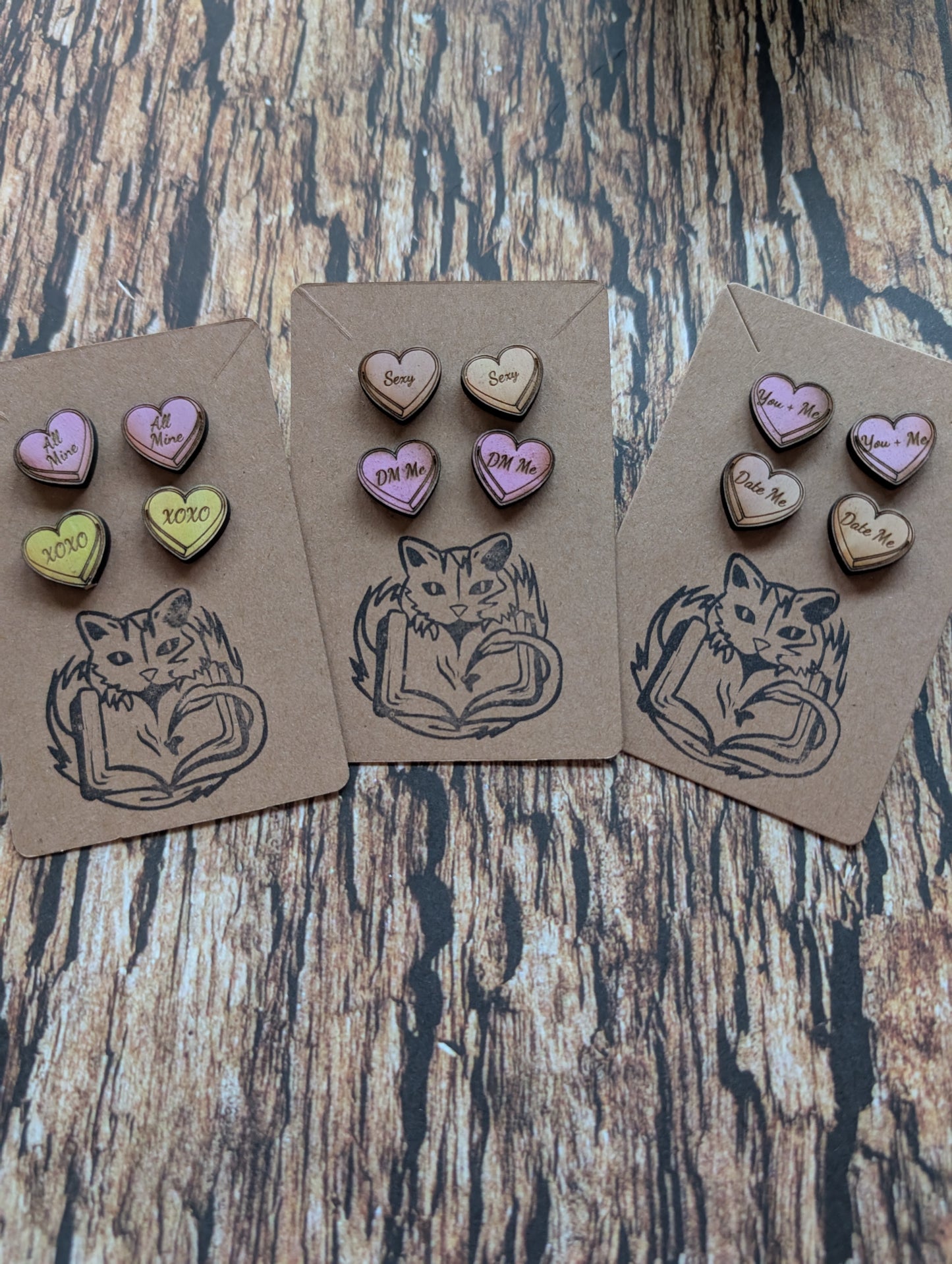 Conversation heart wooden earrings